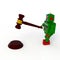 Green retro robot holding judge gavel 3d illustration isolated on a white background