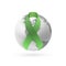Green ribbon with monochrome earth icon on white.