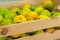 Green ripening freshly plucked tangerine in a wooden box before shipping to the market