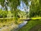 Green river, willow leaves, and a boat on a beautiful grassy shore