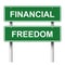 Green road signpost with words Financial Freedom on white background