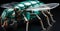 A green robot insect with a metal body and legs, AI
