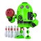Green Robot playing bowling. Isolated. Contains clipping path