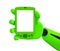 Green robotic hand hold a blank mobile phone