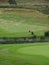 a green rolling golf course with a lake and a single golfer pushing his trolley