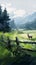 Green rolling hills and a deer in the distance with a wooden fence in the foreground painted in a semi-realistic style