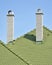 Green roof tiles and white brick smoke stacks