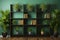 Green room with wooden bookshelf and lush potted plants creating a serene interior ambiance