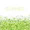 Green round particles on white background with text summer. Confetti circles