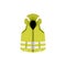 Green safety vest with reflective stripes, cartoon yellow life jacket