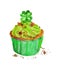 Green Saint Patrick`s cupcake with lucky trefoils 4 clover leaves. Watercolor