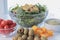Green salad with croutons and tomatoes, olives and cheese