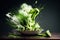 Green salad explosion with vegetables and green colored powder on dark background. Generative AI.