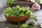 Green salad leaves in a wooden bowl