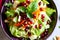 Green salad with pomegranate seeds and cheese, closeup. Generative AI