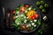 Green Salad With Tomatoes, Cucumbers And Bell Peppers On Plate With Dark Background - Generative AI