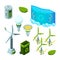 Green saving energy. Hydro power turbines ecosystem waste technology vector isometric illustrations