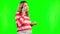 Green screen conversation, phone call and upset pregnant woman chat, talking or consulting on telehealth support