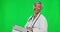 Green screen, doctor and face of woman with files for insurance forms, medical data and clinic administration