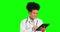 Green screen doctor, tablet or happy woman scroll on ui tech for hospital research, medicine study or medical report