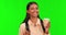 Green screen, girl or portrait of student with coffee or bag for school knowledge, growth or success. Face, learning or