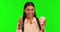 Green screen, Indian woman or student with thumbs up, coffee or bag for school success. Face portrait, smile or Happy