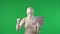 Green screen isolated chroma key photo capturing a creepy mummy pointing at the piece of paper with a word 'sale