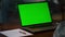 Green screen laptop computer closeup. Unknown senior man having video call