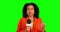 Green screen microphone, woman face and reporter talking about news, story or live streaming event, broadcast or report