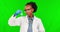 Green screen, science and black woman with chemistry, fail and research with glass beaker on studio background. Mistake