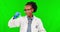 Green screen, science and black woman with chemistry, liquid and research with glass beaker on studio background. Happy
