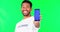 Green screen, volunteer and man with phone, pointing for support, charity and community service sign up. Technology