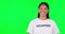 Green screen, volunteer and a woman pointing at you for advertising, charity or accountability. Happy asian person with