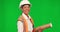 Green screen, woman and engineer with plan, mockup and happy construction worker on studio background. Architect