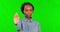 Green screen, woman face and stop, no and head shake for threat or warning on mockup background. Hand, protest and