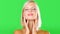 Green screen, woman and hands on face for skincare, beauty and studio isolated on a background. Portrait, smile and