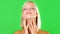 Green screen, woman and hands on face for skincare, beauty and studio isolated on a background. Portrait, smile and