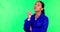 Green screen, woman and worker thinking of ideas for building, project or technician with problem solving on job