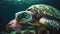 Green sea turtle eating plastic litter