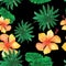Green Seamless Design. Black Pattern Vintage. Yellow Tropical Hibiscus. Coral Floral Exotic. Pink Flower Foliage.