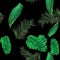 Green Seamless Nature. Organic Pattern Painting. Natural Tropical Leaves. Black Floral Exotic. Summer Leaves. Spring Exotic. Flora