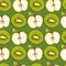 Green seamless pattern with apples and kiwis