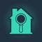 Green Search house icon isolated on blue background. Real estate symbol of a house under magnifying glass. Abstract