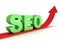 Green seo text on red grow up arrow