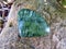 Green seraphinite crystal stone cabochon with angel wings pattern on a rock