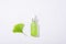 Green serum bottle and Ginkgo biloba leaf on white background. Natural cosmetics concept. Top view, flat lay