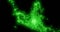 Green shiny sparkling particles move in dark space.