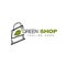 Green SHOP logo with using shopping bag icon incorporated with LEAF graphic template