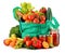 Green shopping bag with variety of fresh organic vegetables