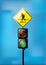 Green signal, Traffic lights for people crosswalk isolated on sky blue background